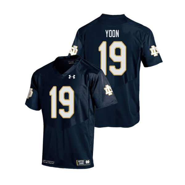 Men's Notre Dame Fighting Irish #19 Justin Yoon Under Armour Navy College Football Game Jersey