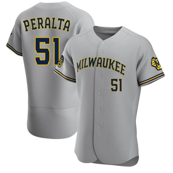 Mens Milwaukee Brewers #51 Freddy Peralta Nike Gray Road FlexBase Jersey
