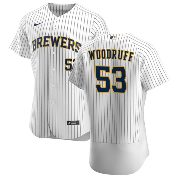 Mens Milwaukee Brewers #53 Brandon Woodruff Nike White Pinstripe Alternate FlexBase Jersey