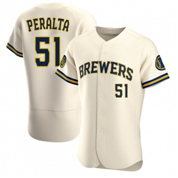 Mens Milwaukee Brewers #51 Freddy Peralta Nike Cream Home FlexBase Jersey
