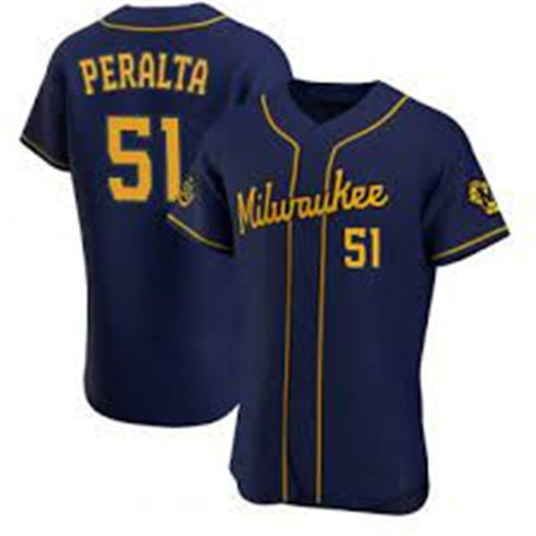Mens Milwaukee Brewers #51 Freddy Peralta Nike Navy Alternate FlexBase Jersey