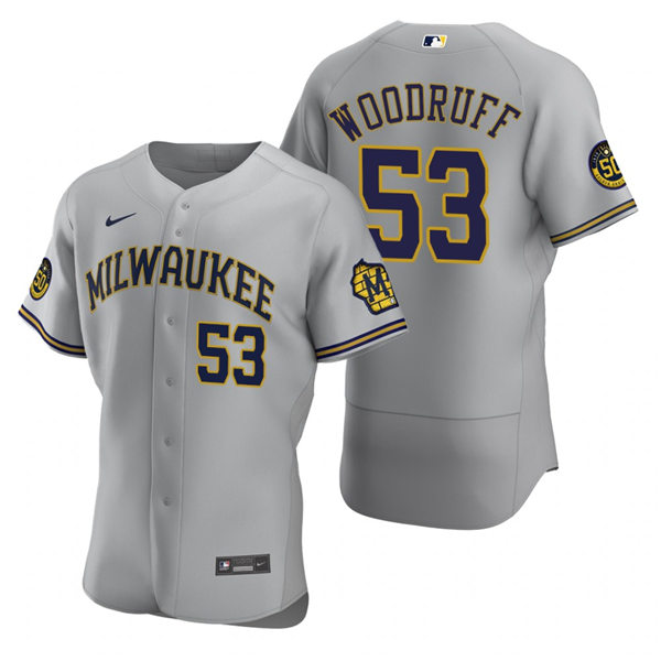 Mens Milwaukee Brewers #53 Brandon Woodruff Nike Gray Road FlexBase Jersey