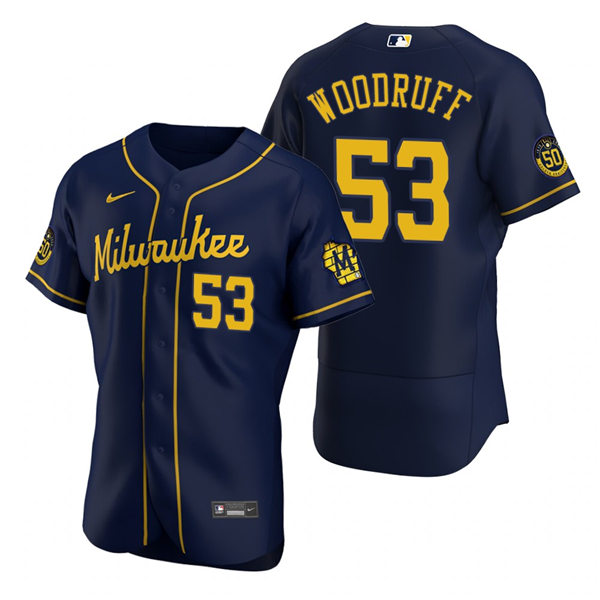 Mens Milwaukee Brewers #53 Brandon Woodruff Nike Navy Alternate FlexBase Jersey