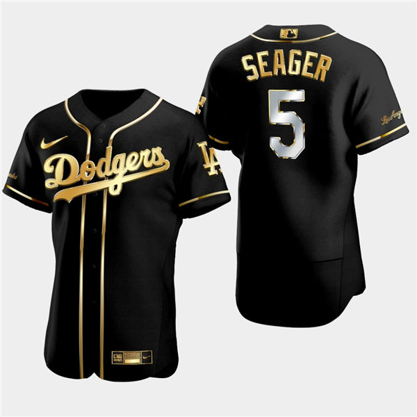 Mens Los Angeles Dodgers #5 Corey Seager Nike Black Golden Edition Stitched Jersey