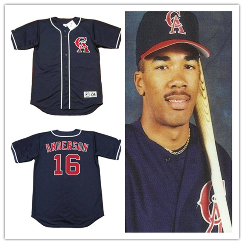 Mens California Angels #16 GARRET ANDERSON 1996 Majestic Navy Alternate Throwback Cooperstown Jersey