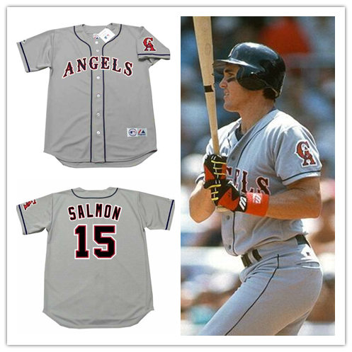 Mens California Angels #15 TIM SALMON  1996 Grey Away Majestic Throwback Cooperstown Jersey