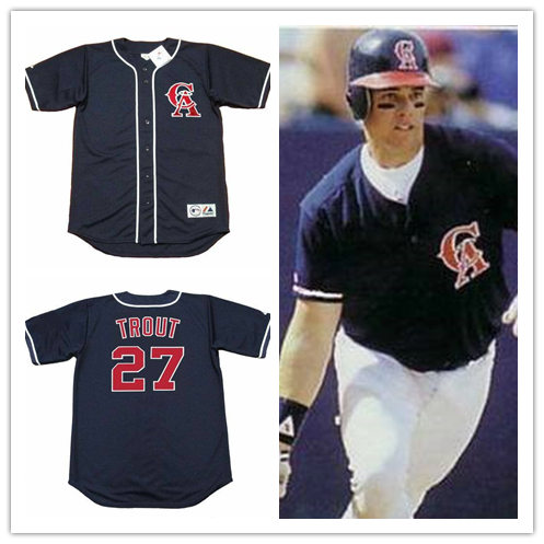 Mens California Angels #27 MIKE TROUT 1990s Majestic Navy Alternate Throwback Cooperstown Jersey
