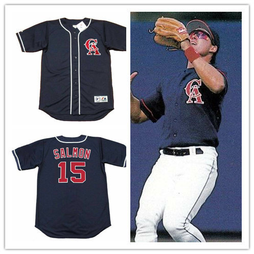 Mens California Angels #15 TIM SALMON 1995 Majestic Navy Alternate Throwback Cooperstown Jersey