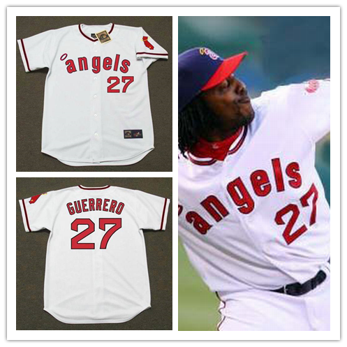 Mens California Angels #27 VLADIMIR GUERRERO 1970's White Majestic Cooperstown Throwback Jersey 