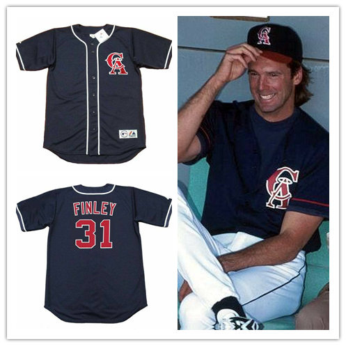Mens California Angels #31 CHUCK FINLEY 1995 Majestic Navy Alternate Throwback Cooperstown Jersey