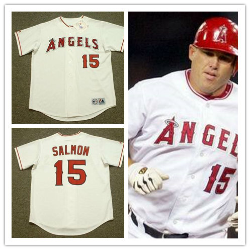 Mens Anaheim Angels #15 TIM SALMON 2002 Home White Stitched Majestic Throwback Baseball Jersey 
