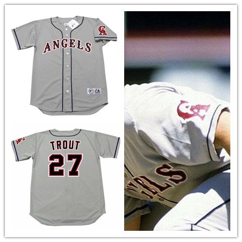 Mens California Angels #27 MIKE TROUT 1990's Grey Away Majestic Throwback Cooperstown Jersey