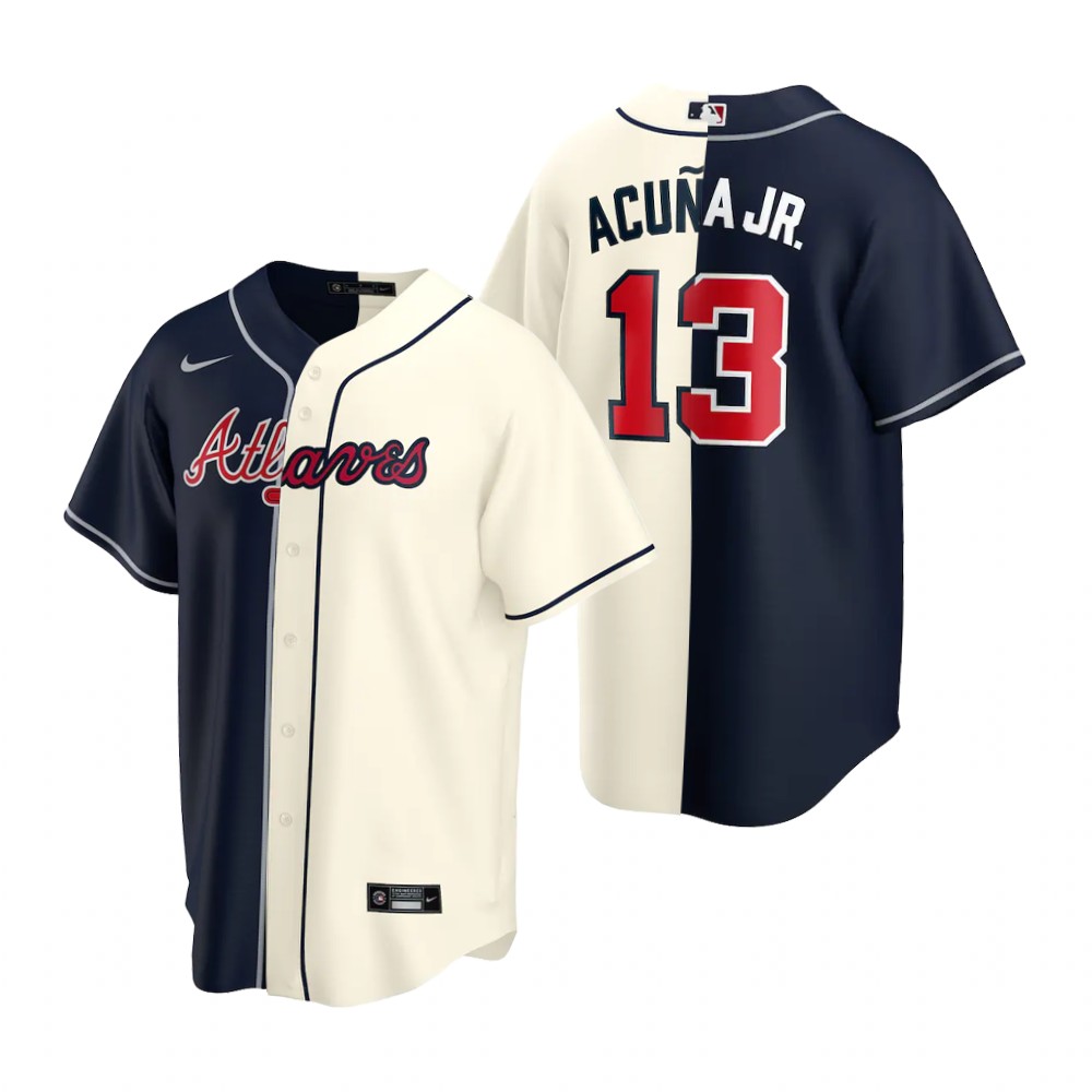 Mens Atlanta Braves #13 Ronald Acuna Jr. Nike Navy Gream Stitched MLB Split Jersey