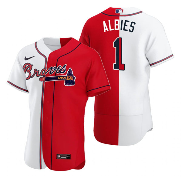 Mens Atlanta Braves #1 Ozzie Albies Nike White Red Split Two-Tone Jersey