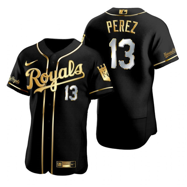 Mens Kansas City Royals #13 Salvador Perez Nike Black Golden Edition Authentic Jersey