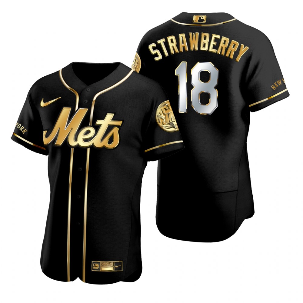 Mens New York Mets #18 Darryl Strawberry Nike Black Golden Edition Stitched Jersey