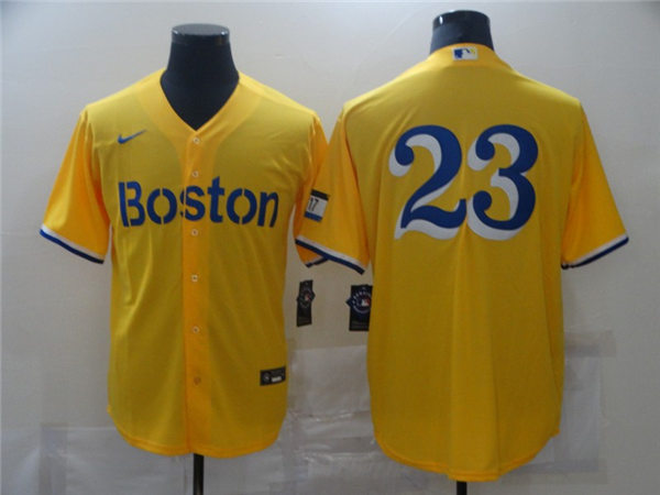 Mens Boston Red Sox Retired Player #23 Luis Tiant Nike Yellow Light Blue 2021 City Connect Jersey