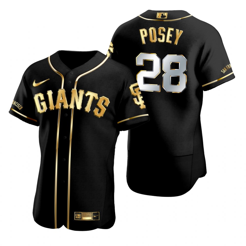 Mens San Francisco Giants #28 Buster Posey Nike Black Golden Edition Stitched Jersey
