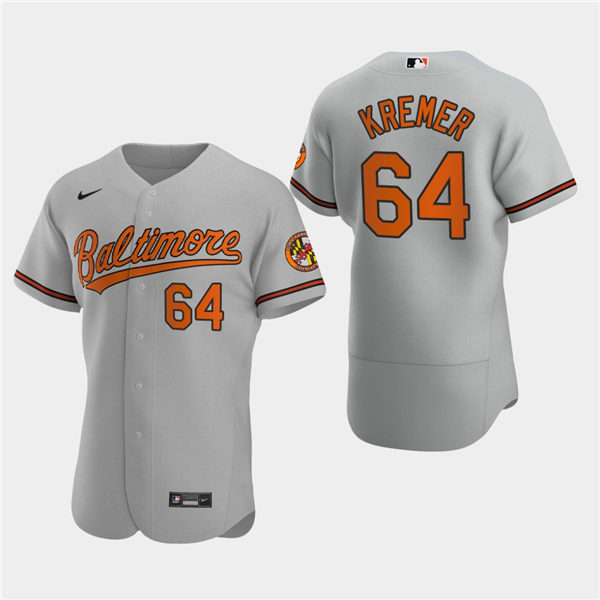 Mens Baltimore Orioles #64 Dean Kremer Nike Grey Road Flexbase Jersey