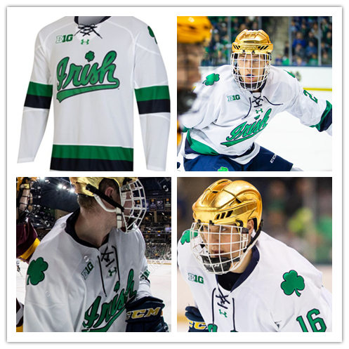 Mens Notre Dame Fighting Irish Custom Andrew Peeke Jake Evans Cal Petersen Steven Fogarty Anders Lee 2020 White Green Under Armour Hockey Jersey