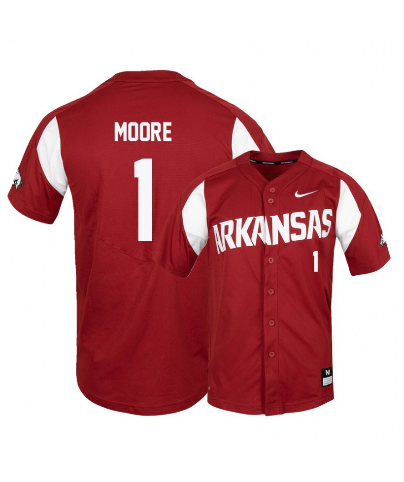 Mens Arkansas Razorbacks #1 ROBERT MOORE Nike 2016 Cardinal White Baseball Jersey