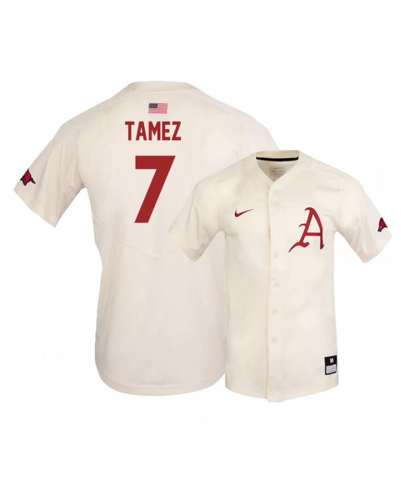 Mens Arkansas Razorbacks #7 DOMINIC TAMEZ Nike Cream College Baseball Jersey