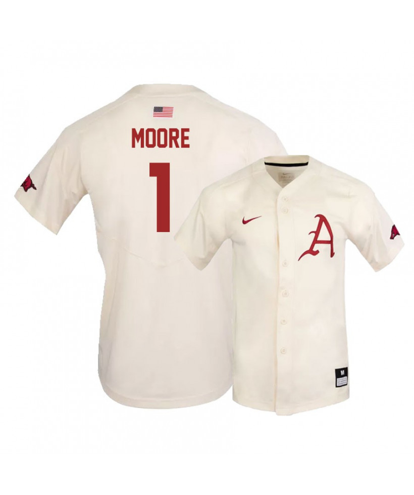 Mens Arkansas Razorbacks #1 ROBERT MOORE Nike Cream College Baseball Jersey