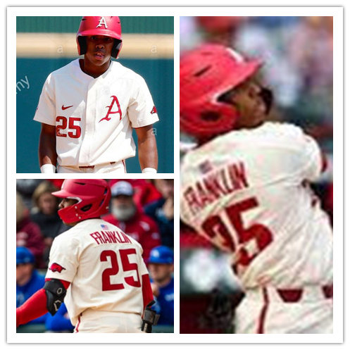 Mens Arkansas Razorbacks #25 Christian Franklin Nike Cream College Baseball Jersey 