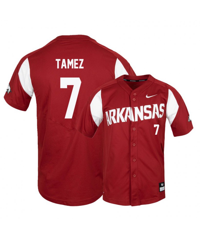 Mens Arkansas Razorbacks #7 DOMINIC TAMEZ Nike 2016 Cardinal White Baseball Jersey