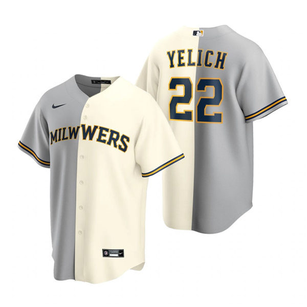 Mens Milwaukee Brewers #22 Christian Yelich Nike Cream Gray Split Two-Tone Jersey