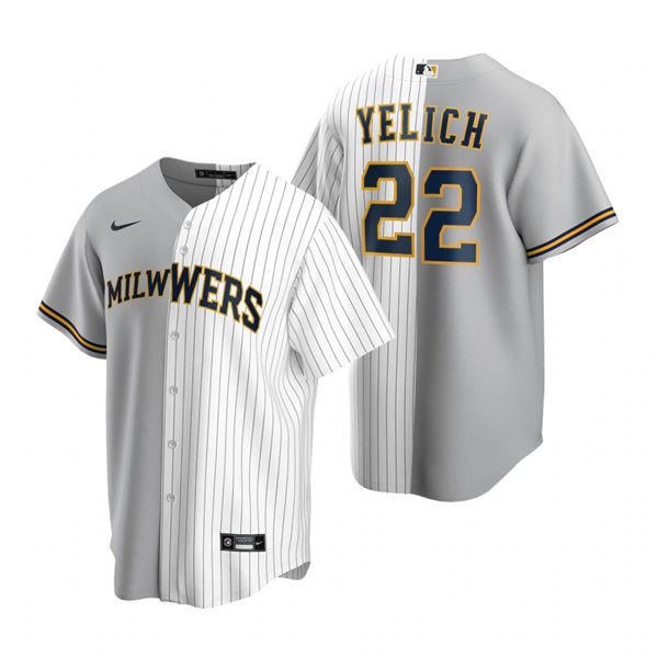 Mens Milwaukee Brewers #22 Christian Yelich Nike Gray White Split Two-Tone Jersey