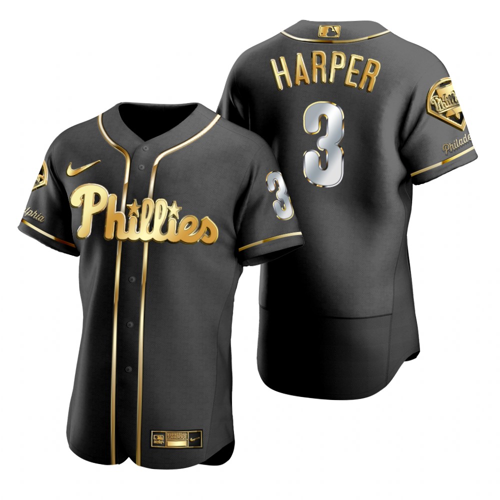 Mens Philadelphia Phillies #3 Bryce Harper Stitched Nike Black Golden Edition Jersey
