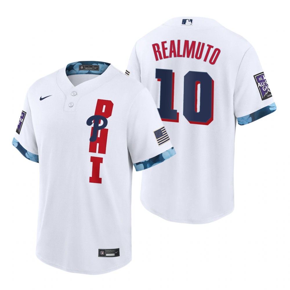 Mens Philadelphia Phillies #10 J.T. Realmuto Nike White Stitched 2021 MLB All-Star Game Jersey