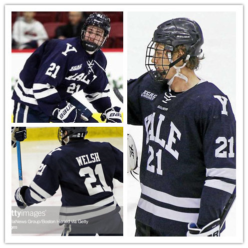 Mens Yale Bulldogs #21 Tyler Welsh Navy Under Armour ECAC College Hockey Game Jersey