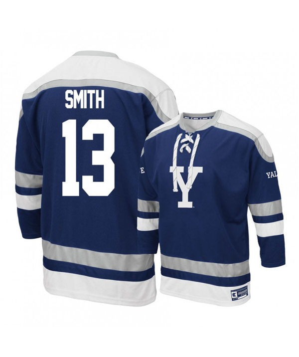 Mens Yale Bulldogs #13 Evan Smith Navy Gemini ECAC College Hockey Retro Jersey