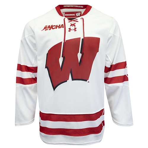 Mens Wisconsin Badgers Custom Cole Caufield Dylan Holloway Ty Emberson Tyler Inamoto Tarek Baker White Big W Hockey Jersey