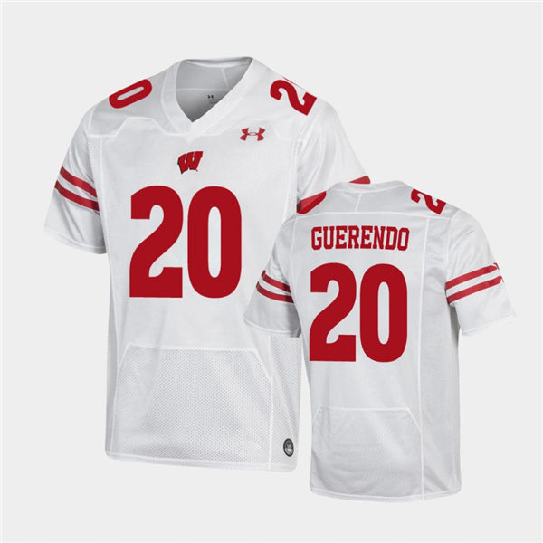 Mens Wisconsin Badgers #20 Isaac Guerendo White Stitched Under Armour College Football Jersey 