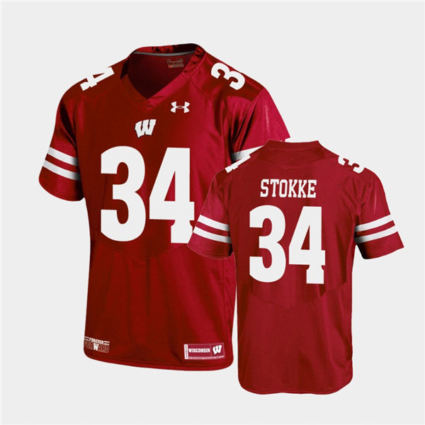 Mens Wisconsin Badgers #34 Mason Stokke Red Stitched Under Armour College Football Jersey 