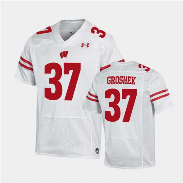 Mens Wisconsin Badgers #37 Garrett Groshek White Stitched Under Armour College Football Jersey 