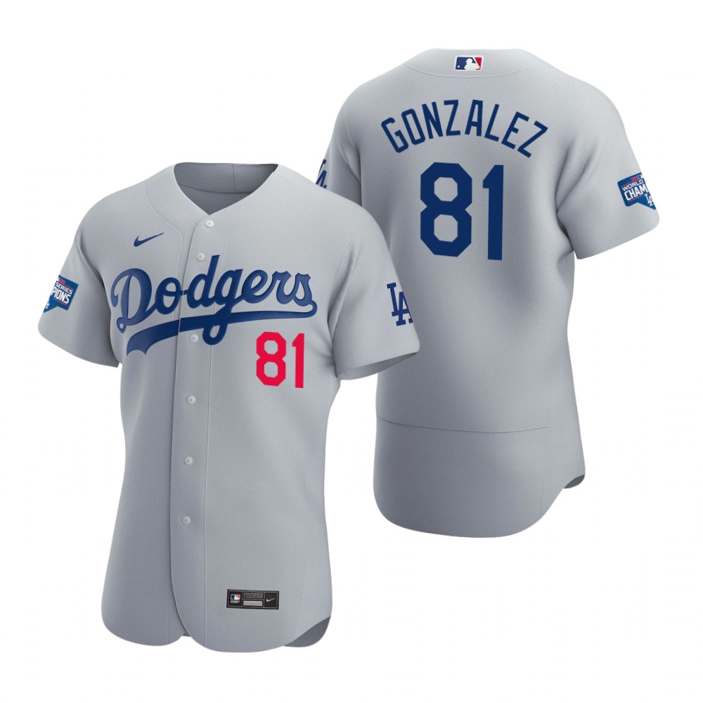 Mens Los Angeles Dodgers #81 Victor Gonzalez Nike Grey Road FlexBase Jersey 