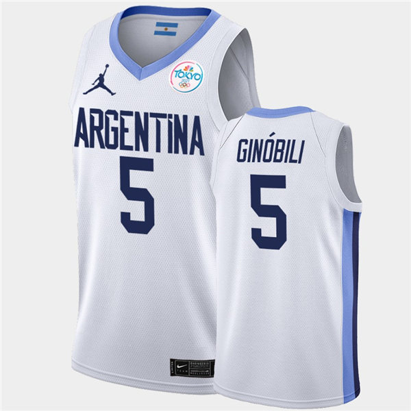 Mens Argentina Basketball Team #5 Manu Ginobili Jordan White Home 2020 Summer Olympics Player Jersey
