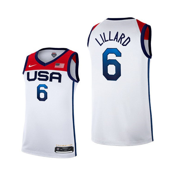 Mens USA Basketball Team #6 Damian Lillard Nike White Home 2020 Summer Olympics Player Jersey