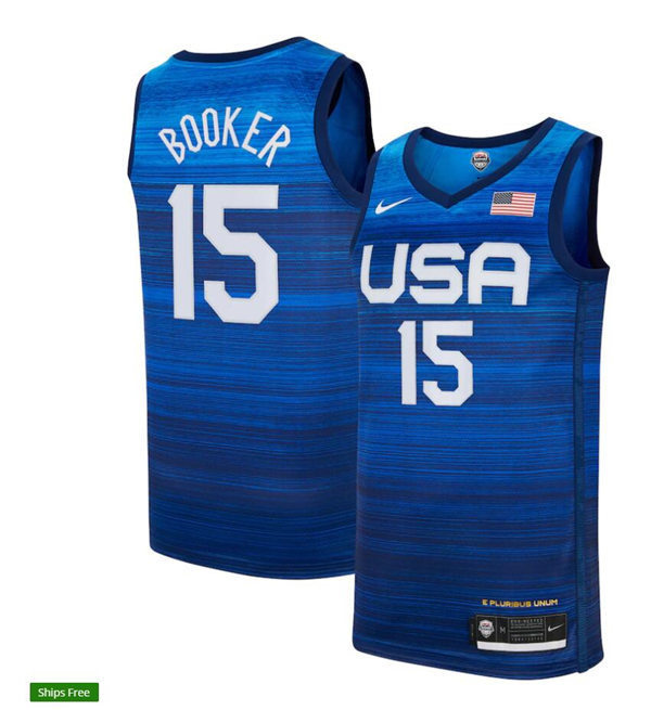 Mens USA Basketball Team #15 Devin Booker Nike Blue Away 2020 Summer Olympics Player Jersey