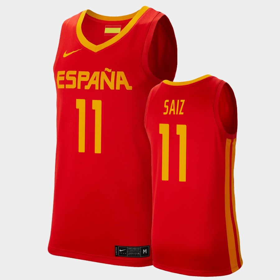 Mens Spain Basketball Team  #11 Sebas Saiz Nike Red Away 2020 Summer Olympics Player Jersey