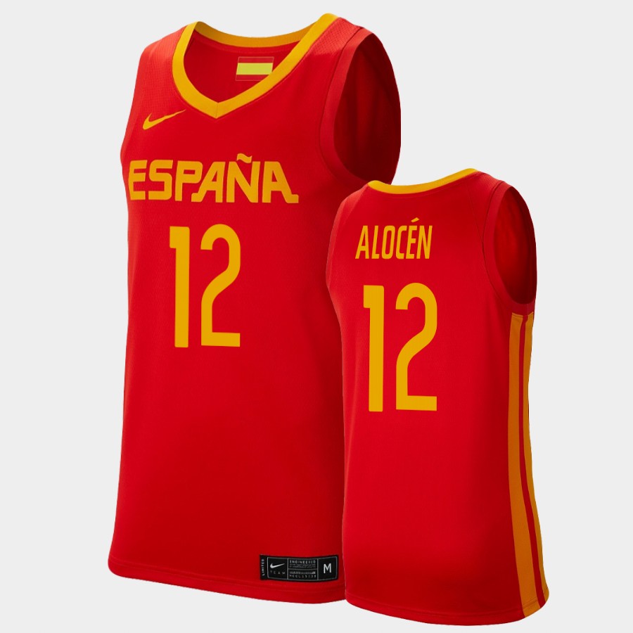 Mens Spain Basketball Team #12 Carlos Alocen Nike Red Away 2020 Summer Olympics Player Jersey