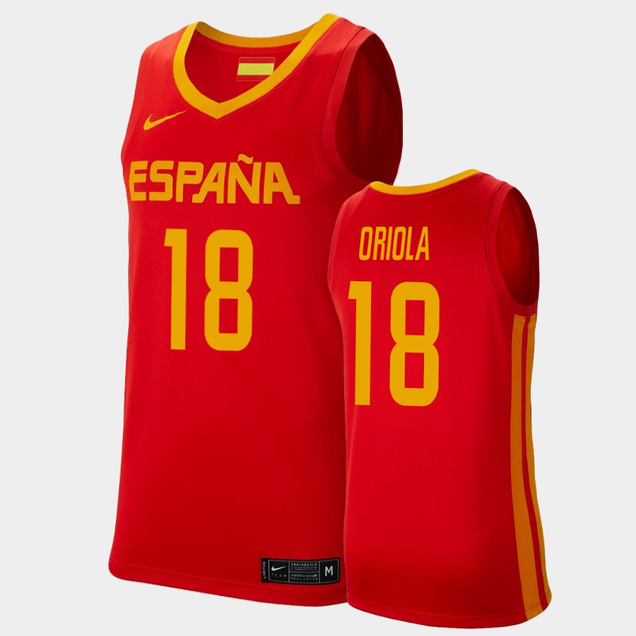 Mens Spain Basketball Team #18 Pierre Oriola Nike Red Away 2020 Summer Olympics Player Jersey