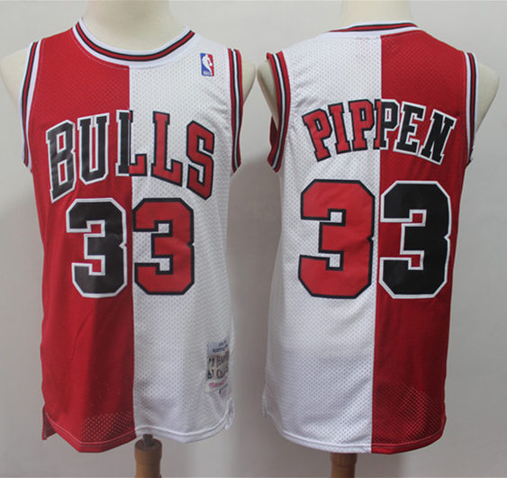 Mens Chicago Bulls #33 Scottie Pippen 197-98 Red White Split Mitchell & Ness Hardwood Classic Jersey