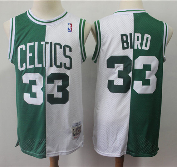 Mens Boston Celtics #33 Larry Bird 1985-86 Green White Split Mitchell & Ness Hardwood Classic Jersey