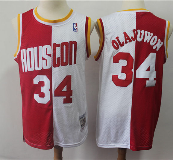 Mens Houston Rockets #34 Hakeem Olajuwon 1993-94 Red White Split Mitchell & Ness Hardwood Classic Jersey