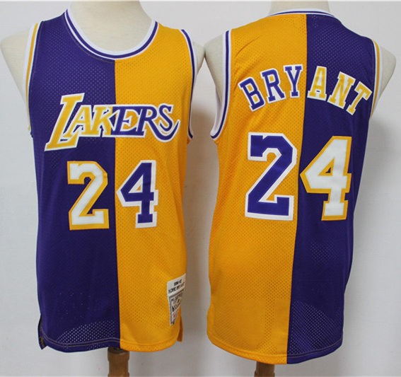 Mens Los Angeles Lakers #24 Kobe Bryant 1996-97 Purple Yellow Split Mitchell & Ness Hardwood Classic Jersey